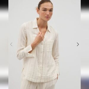 Soma Elegant Champagne Stripe Gauze Shirt with Gold Threading NWT